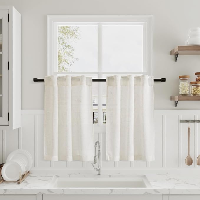 Nanspring Cream Linen Kitchen Curtains 24 Inch Length Tier Ticking Stripe Small Drapes for Living Room Bathroom Cafe Small Window Rustic Light Filtering Flax Back Tab Rod Pocket 2 Panels 18Wx24L