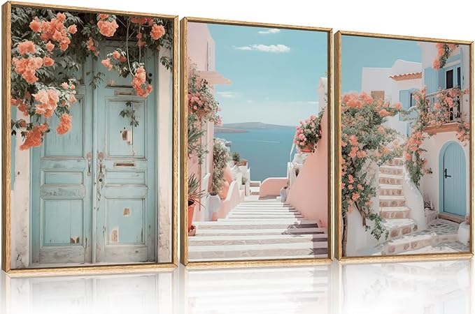 KAIRNE Italy Amalfi Coast Cityscape Framed Canvas Wall Art Set,Neutral Italian Mediterranean Wall Decor,Greece Island Landscape Wall Painting,Florida Beach Artwork for Living Room,Bedroom-16 x24 x3