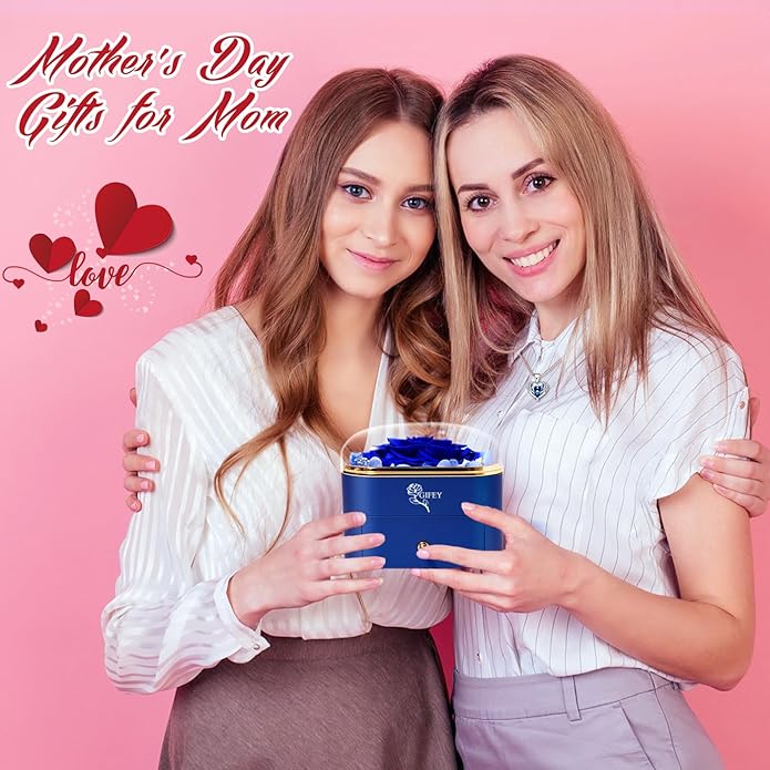 Valentines Day Gifts for Her - Preserved Real Blue Rose with Heart Necklace, Forever Flowers Gifts for Mom Grandma Wife Girlfriend at Christmas, Valentines, Mothers Day, Anniversary or Birthday Gifts for Women to Send Love