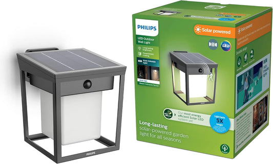 Philips Solar LED 1-Pack Ultra-Efficient Wall Lantern - Blaise, Dusk to Dawn, Automatically Linkable, Daylight and Motion Sensor, 3000K Bright White Light, IP44, Anthracite