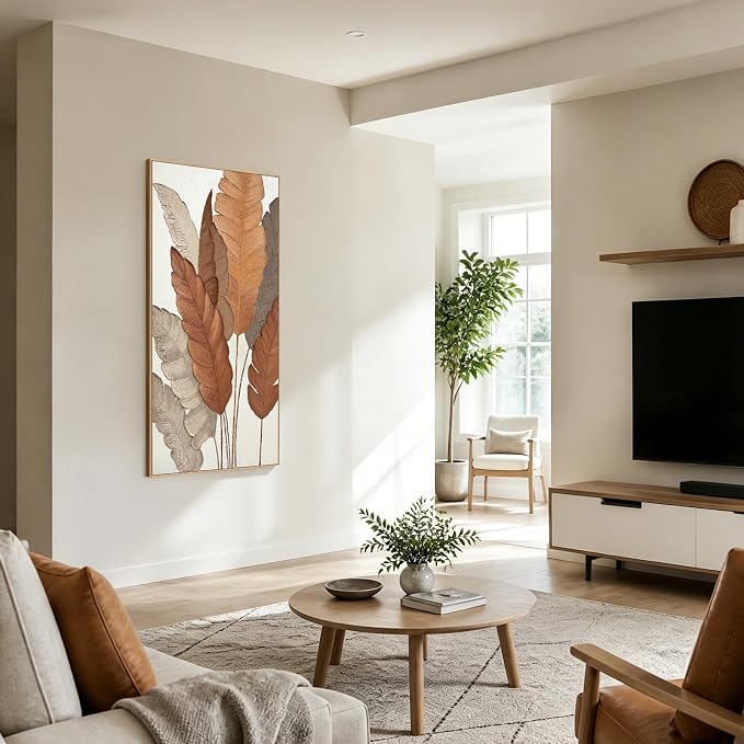 SAFERRYHOME Large 3D Leaves Hand Painted Wall Art, Textured, 27"x58" | Modern Textured Plant Framed Canvas Wall Decor, Contemporary 3D Leaf Painting Minimalist Artwork for Home Office Living Room