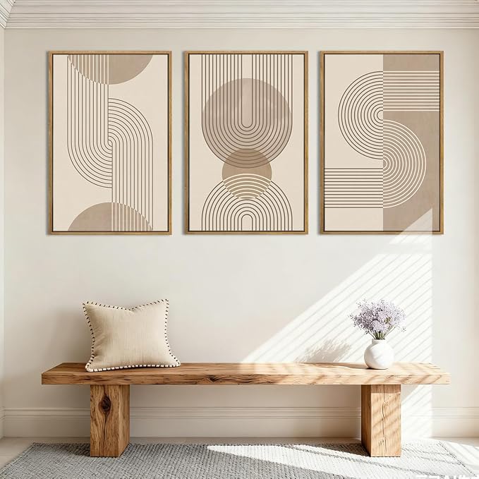Anyzal Large Neutral Boho Beige Framed Wall Art 16x24 Inch Abstract Modern Canvas Wall Decor Minimalist Geometric Artwork for Living Room Bedroom Dining room Set of 3