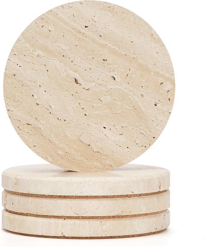 Travertine Marble Coasters Set of 4, 4" Round Rustic Farmhouse Drink Coasters for Coffee Table Decor, Thick Heavy Stone Coaster with Cork Backing, New Home Accent, Gift Boxed for Housewarming