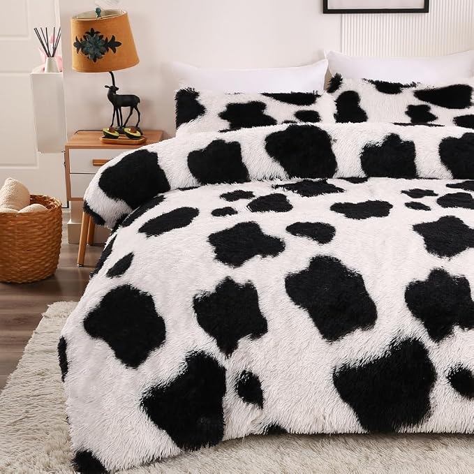 chovy Faux Fur Tie-Dyed Cow Print Black White Comforter Sets Queen - 3PC Bed Set Ultra Soft Plush Flannel Velvet Fluffy Fuzzy Bedding（Comforter x 1 Pillowcases x 2）