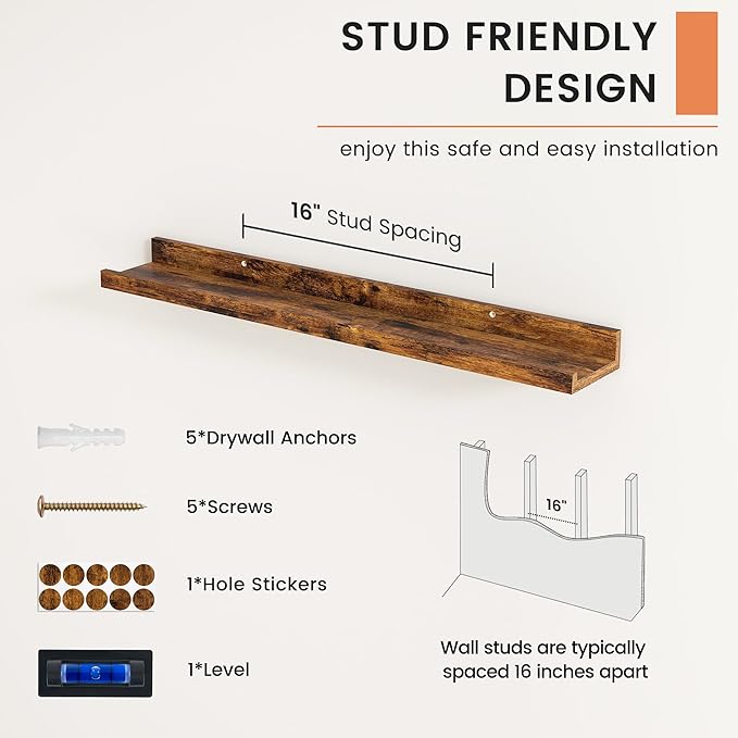 FLYJOE Picture Ledge Shelf, Floating Shelves Set of 2, 30 Inches Nursery Book Shelves for Toys Storage, Kids Bookshelf Wall Mounted for Living Room Bedroom Decor Books Photo Frames, Rustic Brown