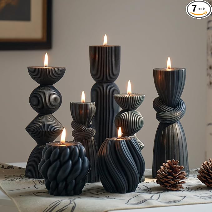 7 Pcs Large Ribbed Pillar Candles - Handmade Soy Wax Candles for Home Decor, Modern Shelf Decor, Housewarming Gift, Aesthetic Room Decor (Black)