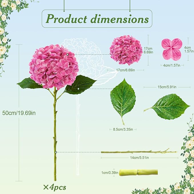 4 Pcs Artificial Hydrangea Silk Flowers with Stems, 19.7" Rose Pink Faux Hydrangeas Bouquet, 240 Petals, UV Resistant & Waterproof Fake Flower for Outdoor Wedding Home Decor