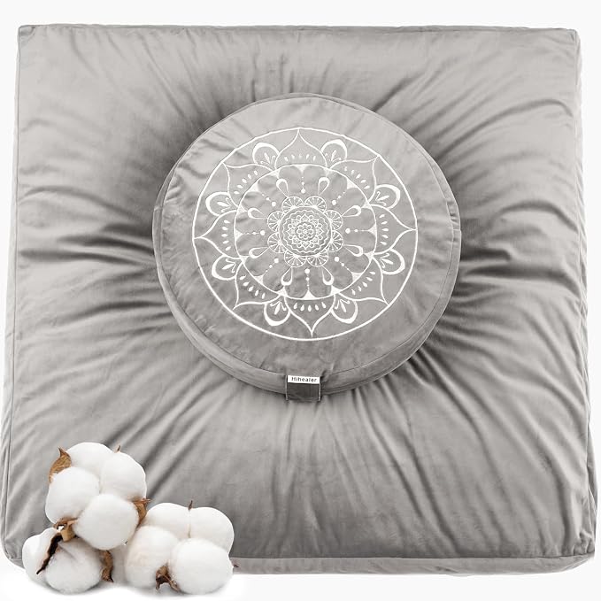 Hihealer Meditation Cushion, Traditional Tibetan Meditation Pillow Velvet Cover - Large Floor Cushion Seating for Adults - Yoga Buckwheat Bolster for Women、Moms