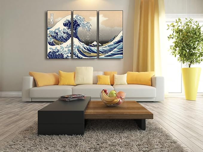 Wieco Art Large Black Aluminum Framed Art 3 Panel Great Wave of Kanagawa Katsushika Hokusai Canvas Prints Wall Art Abstract Seascape Paintings for Living Room Home Decorations