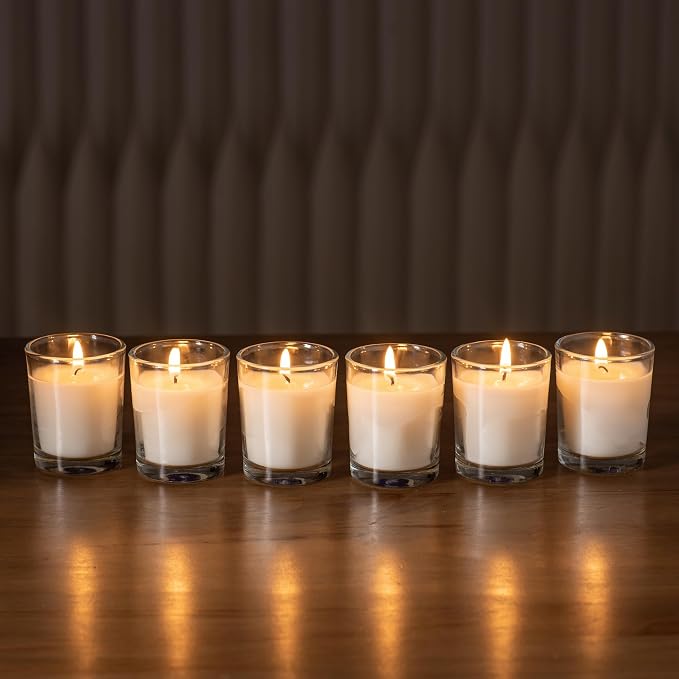 Housecret 60 Pack Warm White Unscented Clear Glass Filled Votive Candles. Hand Poured Wax Candle Ideal Gifts for Aromatherapy Spa Weddings Birthdays Holidays Party