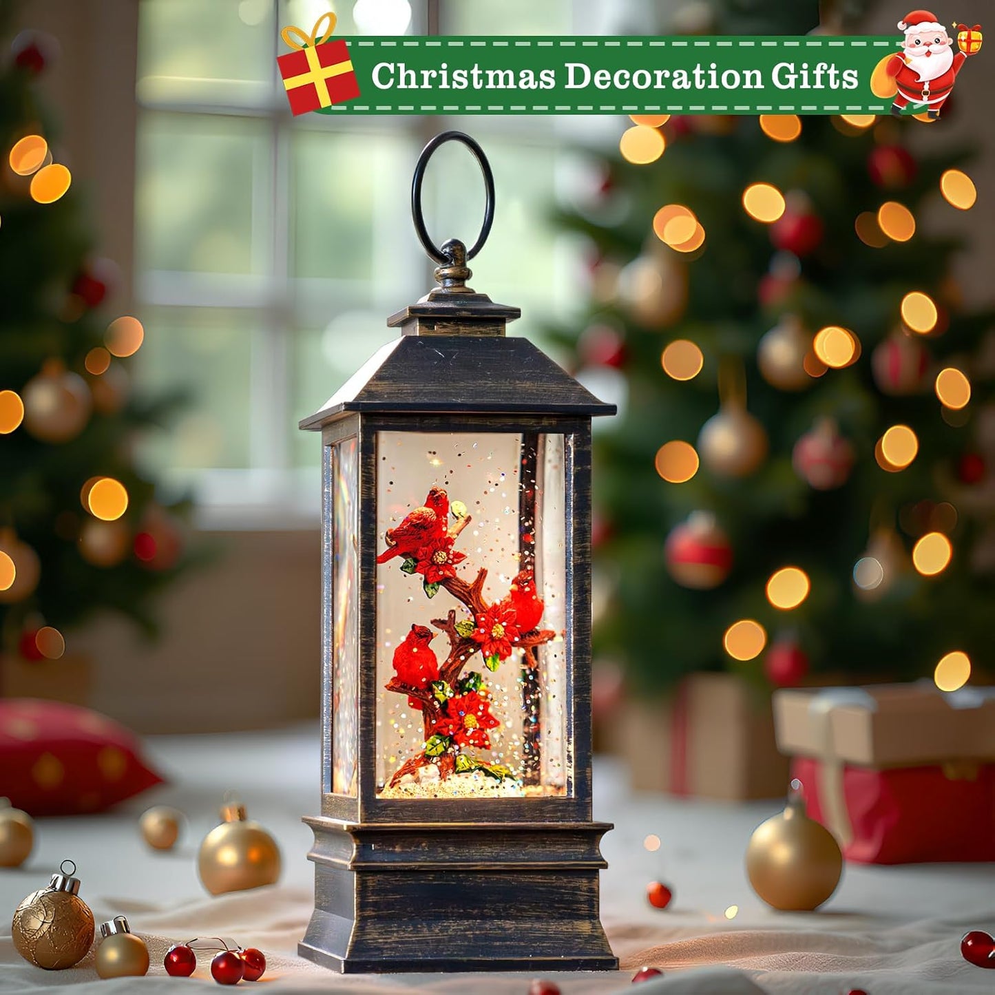 Christmas Snow Globe Lantern Indoor Decor Cardinal with Music,6H Timer,USB Lined/Battery Operated Lighted Lantern for Christmas Festival Decoration Giftsts
