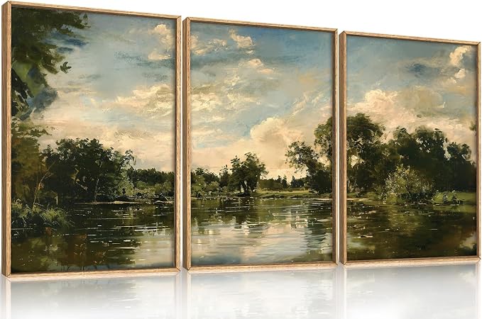 Vintage Landscape Framed Canvas Wall Art Set,Rustic Natural Green Trees and Lake Wall Decor,Classic Nature Scenic French Country Forest Artwork for Living Room,Bedroom,Farmhouse-24 x36 x3