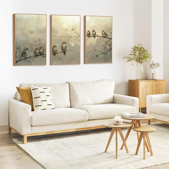 LHIUEM Large Cute Birds Framed Canvas Wall Art,Antique Sparrow Branch Wall Decor,Vintage Farmhouse Painting,Retro Natural Landscape Artwork for Living Room,Bedroom,Dining Room,Office -24"x36"x3