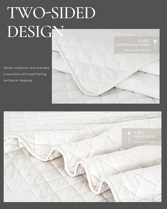 Luxury Velvet King Quilt Set, Ultra Soft Lightweight Cream White Velvet Comforter Set, Oversized Bedspread Coverlet with 2 Shams Diamond Pattern, for All Season