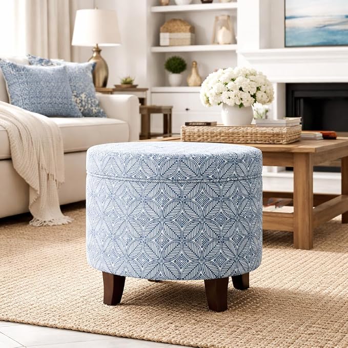 HomePop 19" Round Storage Ottoman - Blue Indigo Print
