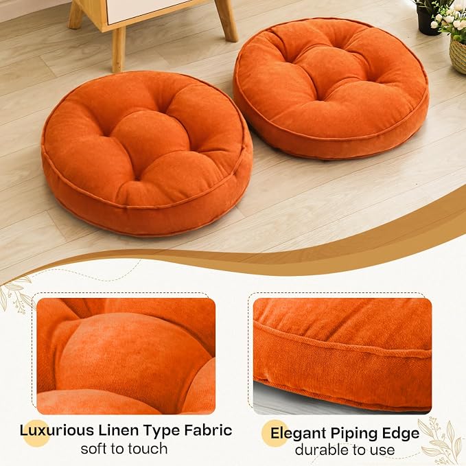 1 MIDDLE ONE Floor Pillow Set of 2, Memory Foam Floor Cushions for Adults, Large Meditation Pillow for Sitting, 22 x 22 Inches (Round | Orange)