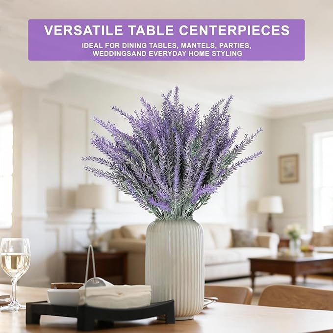 TURNMEON 10 Bundles Artificial Lavender Flowers for Outdoors Summer Decor,UV Resistant Fake Flowers Plants Flocked Faux Plastic Shrubs Wedding Bouquet Window Box Table Home Cemetery Decor(Gray Purple)