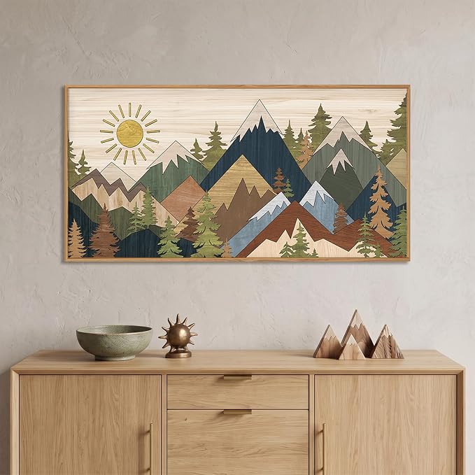BICERE Large Abstract Mountain Woodcut Framed Canvas Wall Art,Vintage Pine Tree Wall Decor,Rustic Nature Forest Painting,Neutral Artwork for Living Room,Bedroom,Dining Room,Farmhouse - 20"x40"x1