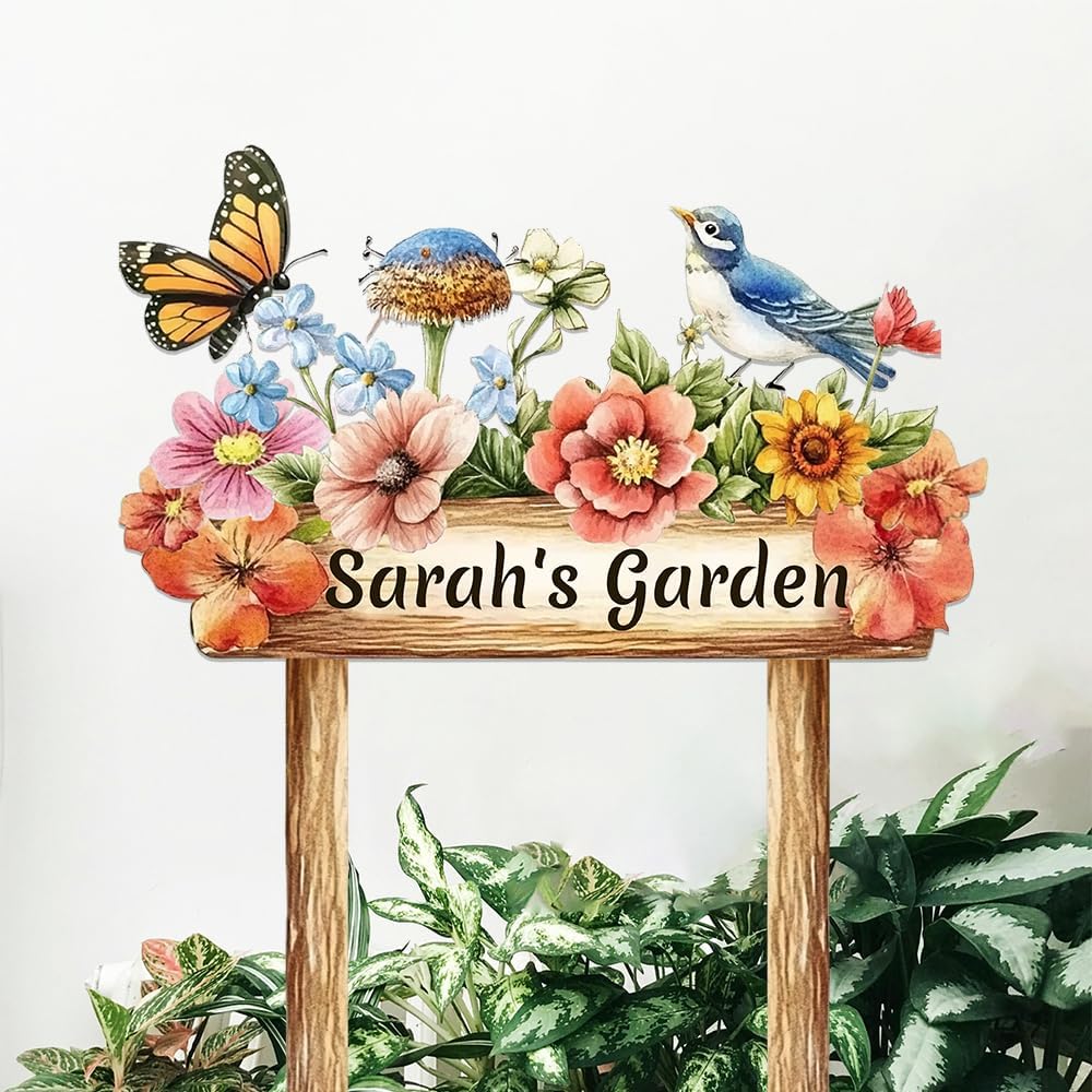 Personalized Colorful Bird Metal Sign with Stake,Custom Gardener Last Name Signs Outdoor Decorate,Customized Garden Accessories Decor for Mom,Butterfly Flowers Plaques for Patio Lawn Porch Backyard