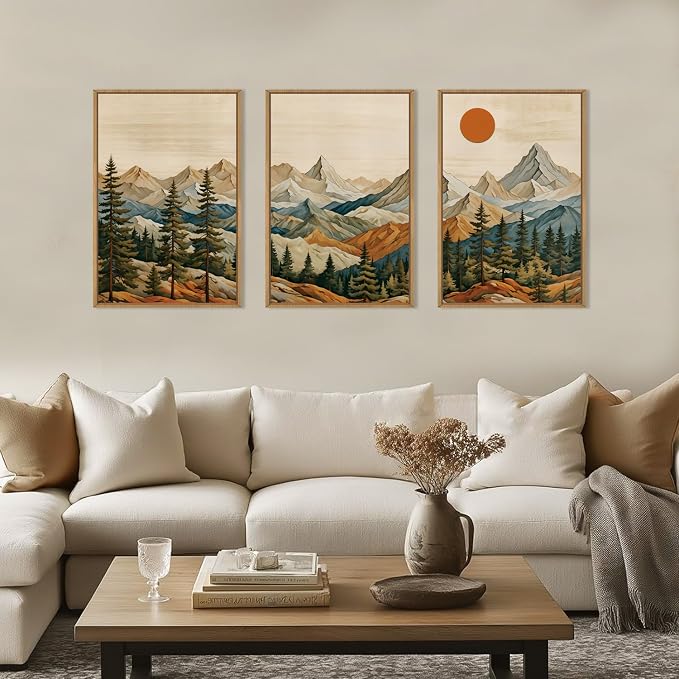 Ausril Boho Mountain Framed Canvas Wall Art Set, Woodcut Pine Tree Wall Decor, Brown Wooden Forest Wall Painting, Vintage Sunrise Art Print for Living Room, Bedroom, Office 16"X24"X3