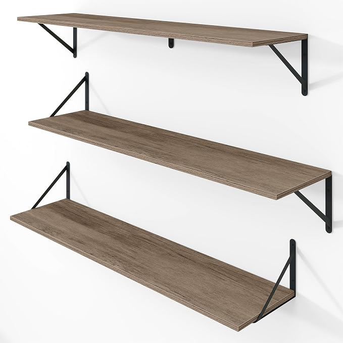 Vivelove Deep Floating Shelves for Wall, 36W x 8D Rustic Grey Wood Wall Shelves Set of 3, Large Floating Shelf for Living Room, Kitchen, Office, Bedroom and Decor Storage, with Metal Bracket - Grey