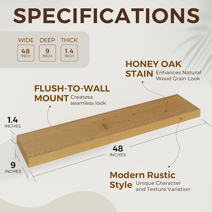 Dreamland 48Inch Oak Floating Shelves 9.3" Deep Wall Mounted Set of 2 | Wall shelves for bathroom, bedroom, kitchen, deep wall mount wood storage display for home decor 48" x 9.3"