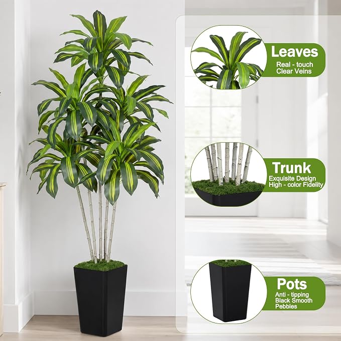 Dracaena Plant Artificial Tree 6Ft Tall Fake Tropical Floor Plants Potted (Real Touch) Artificial Silk Tree Leaf Faux Trees Black Tall Planter for Home Office Living Room Indoor Outdoor Decor