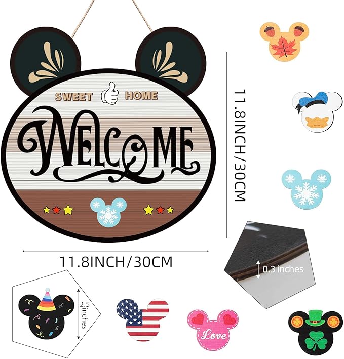 15.7'' Cute Mouse Seasonal Interchangeable Home Sign for Front Porch,18pcs Interchangeable Hanging Vertical Welcome Door Sign for Farmhouse/Wall/Porch Decor and Housewarming Gift