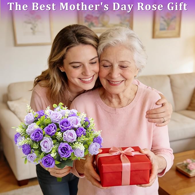 TURNMEON 40 Heads Fake Roses Artificial Flowers for Outdoors, 4 Bouquets UV Resistant Fake Flower Bouquet Faux Silk Roses for Wedding Birthday Party Home Mother's Day Cemetery Summer Decor(Purple)