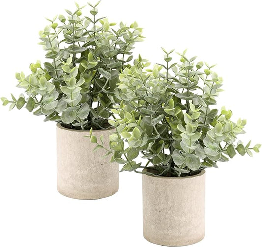 ALAGIRLS 2 Pack Small Fake Plants, 10" Artificial Eucalyptus Plants Indoor, Small Faux Plants in Pulp Pot for Bathroom Bedroom Kitchen Office Living Room Decor