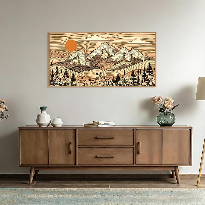 HPNIUB Large Boho Woodcut Mountain Framed Wall Art Set,Abstract Forest Wall Decor,Vintage Sunset Brown Art Print,Nature Wilderness Scenery Artwork for Living Room, Bedroom,Farmhouse -20"x40"