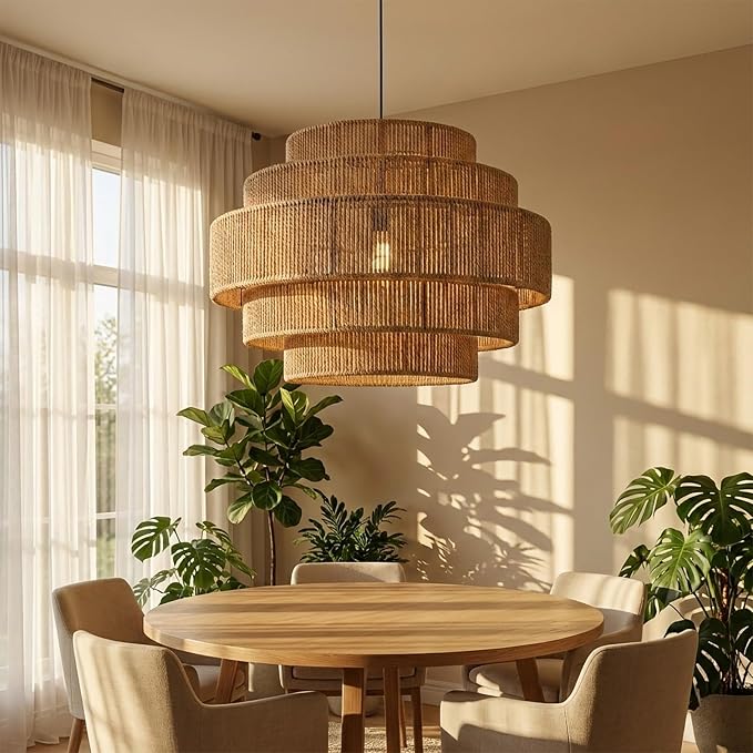 5-Tier Boho Rattan Chandelier Light Fixture, 13” Hand Woven Hemp Rope Pendant Light, Large Farmhouse Hanging Lamp for Dining Room, Kitchen Island, Bedroom, Living Room, Entryway, Foyer, Coastal Decor