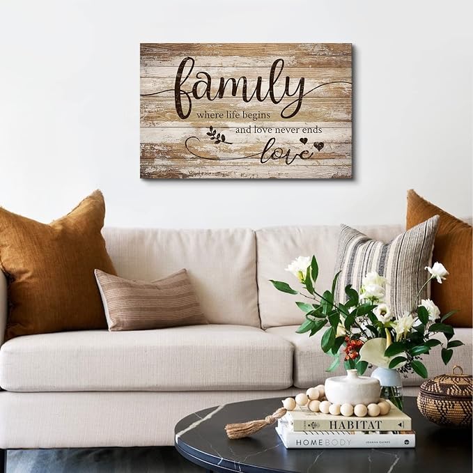 Vintage Family Wall Decor for Living Room Farmhouse Family Canvas Wall Art Bedroom Decor Rustic Sweet Quotes Sign Prints Retro Kitchen Signs Wooden Pictures Christian Artwork Home Decoration 16x24”