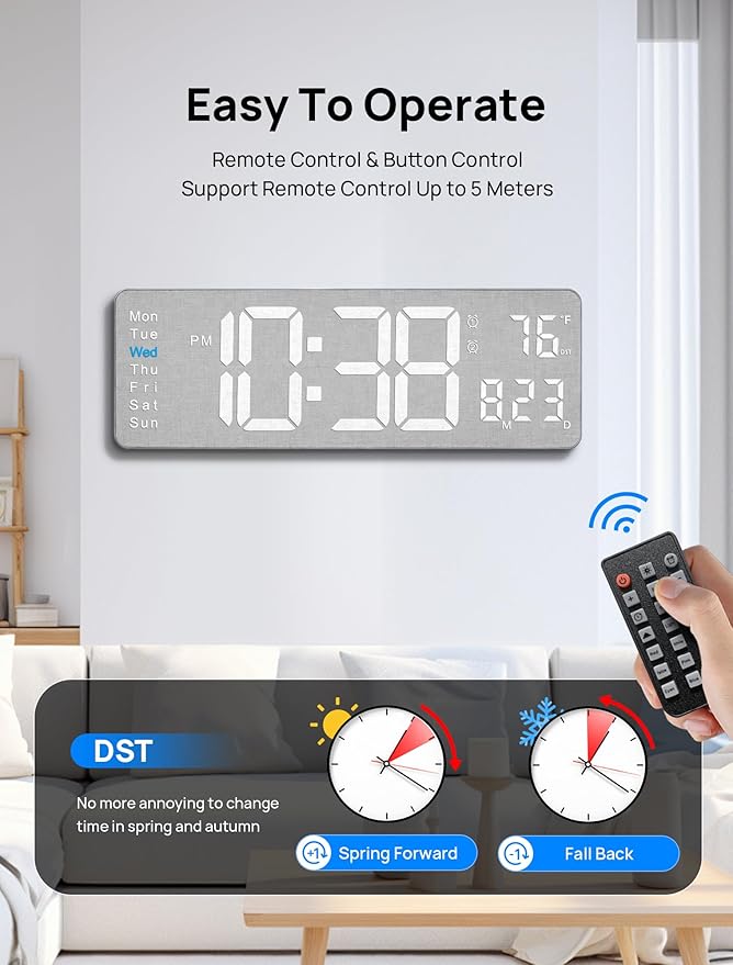 MASHI 2026 Upgrade Digital Wall Clock, 16" Large Display Digital Clock with Remote Control, Auto-Dimming Wall Clock with Night Light, DST, Date Week,Temp for Living Room, Gift for Elderly (Grey)