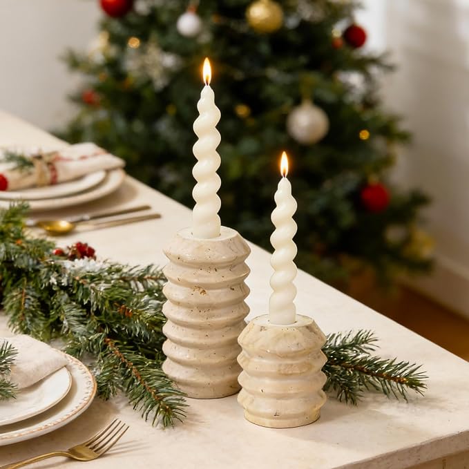 Candle Holders True Natural Travertine Stone 0.4" Thick, Set of 2 Premium Marble Candlestick Holder for Wedding Dinning Party, Candle Stand for 3/4 inch Thick Candles Color White (ZT002)