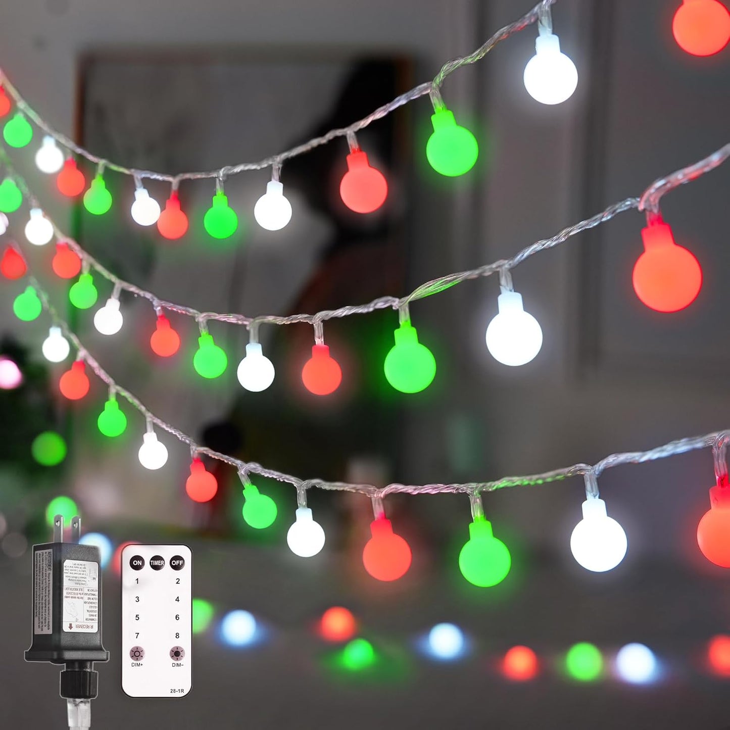 JMEXSUSS Globe String Lights Indoor, Fairy Lights Plug in, Red White and Green Christmas Light for Bedroom Room Christmas Decor