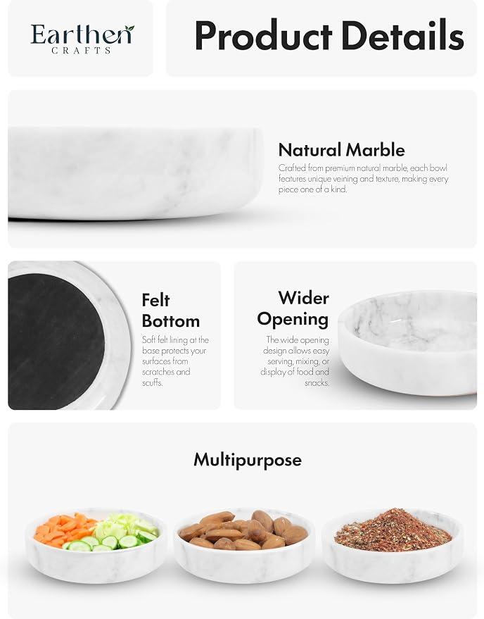 Marble Serving Bowl 8" Inches White Fruits and Vegetables Bowl for Kitchen Counter, Modern Decorative Entryway Table Accessories and Candy Bowl