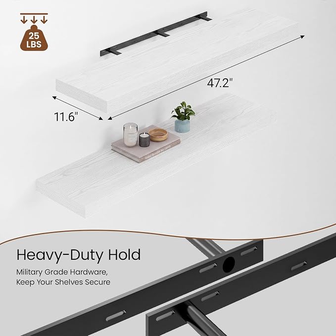 Heimlove 12" Deep Floating Shelves for Wall, 48W x 12D Inch Shelf Bathroom Shelves Set of 2, Mounted Shelves for Books Living Room Laundry Room Bedroom Kitchen Home Office, White
