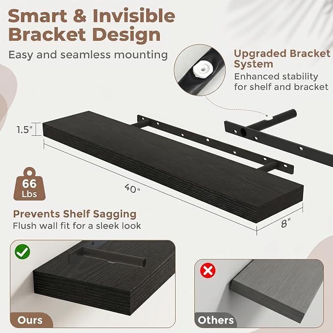 40 Inch Floating Shelves for Wall, 8"D Wood Storage Shelves, Black Finish | Engineered Wood, Invisible Bracket, Large Storage, Easy Install, Hold Up to 66lbs, Living Room, Bathroom, Bedroom, Kitchen
