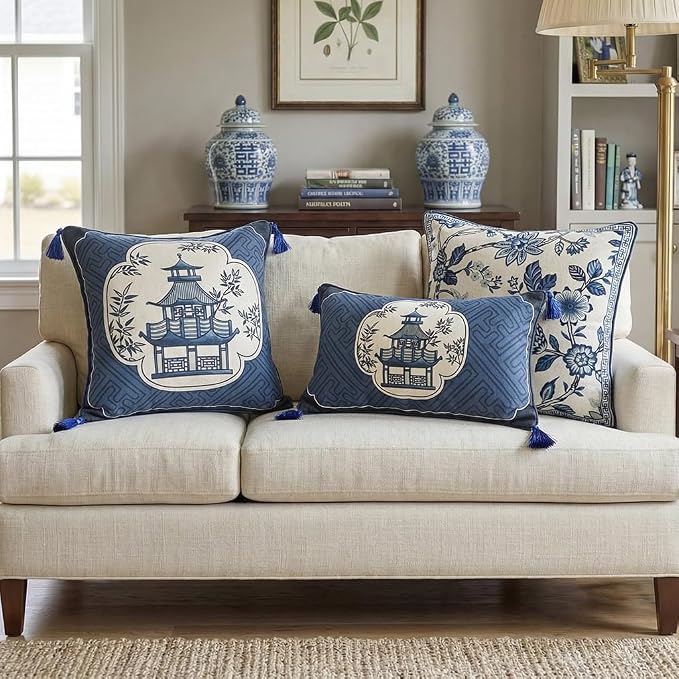 bilin gaier Designer Vintage Linen Throw Pillow Cover,20"x12"-Suqing B | Chinoiserie Elegant Rectangular Blue Pillow Cover,Concealed Zipper,Sofas,Bedroom,Living Room,Dining,Lounge Chairs
