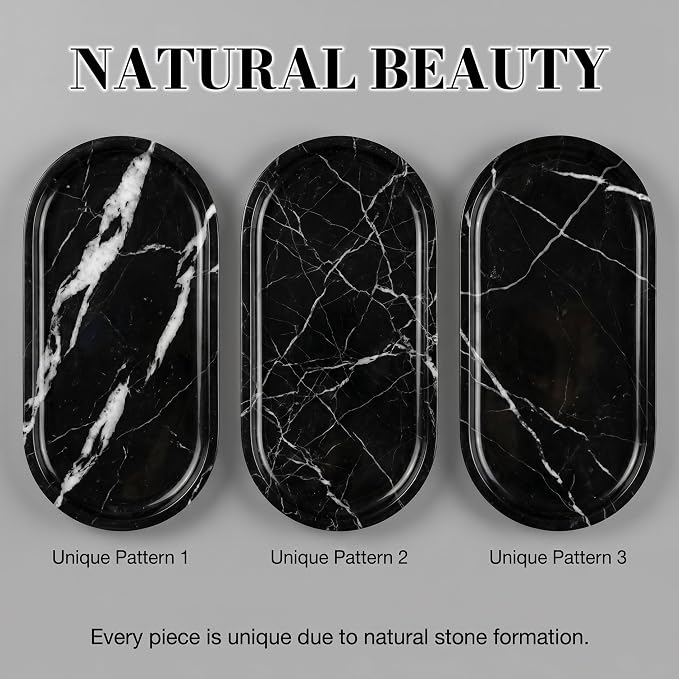 Black Marble Vanity Tray - 100% Natural Stone Bathroom Countertop Organizer for Perfume & Jewelry, 10" Decorative Plate for Toilet Tank