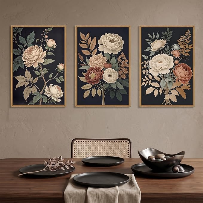 HOURIA Large Moody Dark Flower Framed Canvas Wall Art,Retro Beige Red Peony Wall Decor,Vintage Textured Blossom Botanical Artwork,Natural Wildflower Art Print for Living Room,Bedroom,Office-24 x36 x3