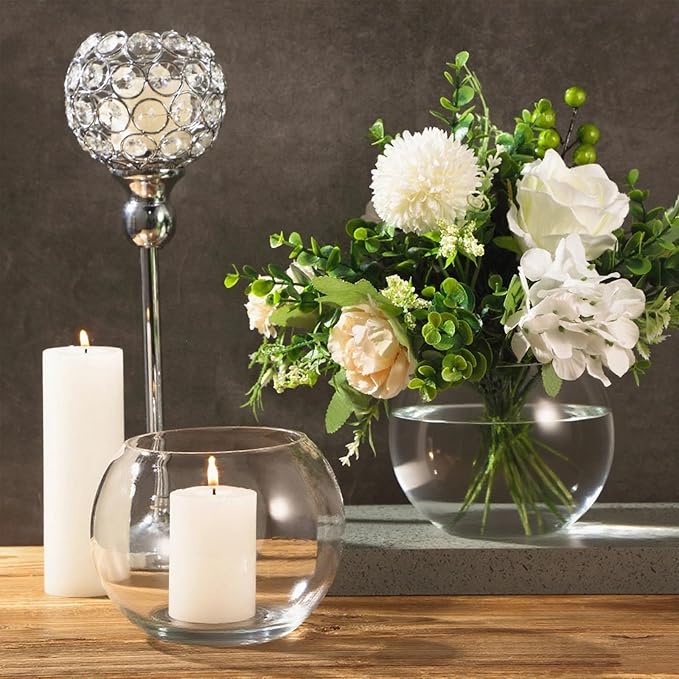 16 Pcs Glass Fish Bowl Round Vase for Centerpiece Bulk Clear Bubble Fish Bowl Decorations Flower with Water Gel Beads for Wedding Floral Floating Filler Home Decorations