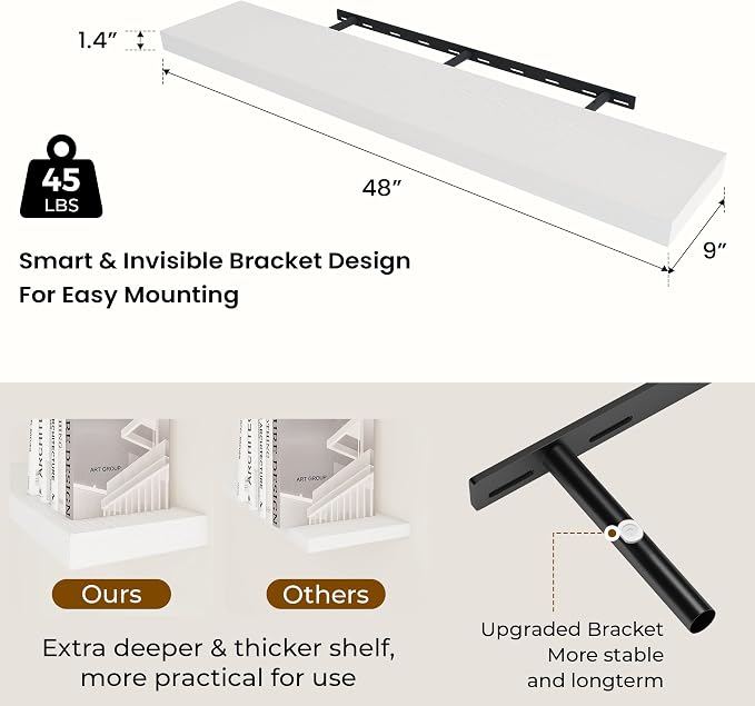 Dreamland 48Inch White Floating Shelves 9.3" Deep Wall Mounted Set of 2 | Wall shelves for bathroom, bedroom, kitchen, deep wall mount wood storage display for home decor 48" x 9.3"