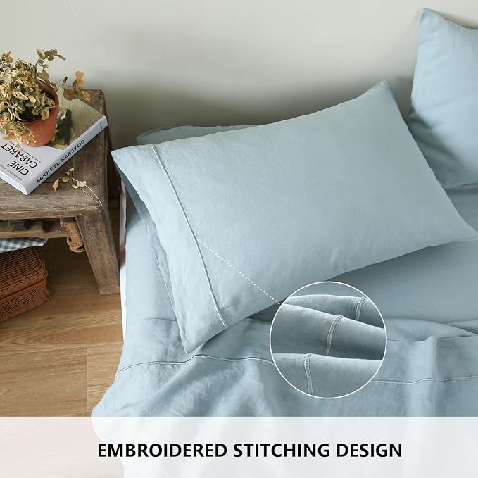 Simple&Opulence 100% French Linen Pillowcase Queen Size-Set of 2- Washed Solid Color Pillow Cases Embroidered -Soft and Durable (Dusty Blue, 20''x30'')
