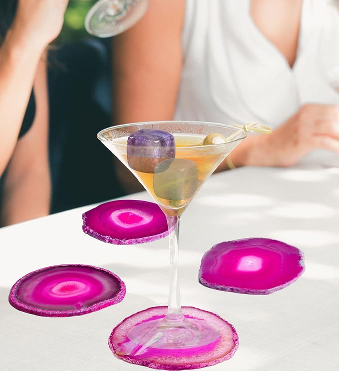 AMOYSTONE Pink Agate Coaster Crystal Quartz Coasters for Drinks Rock Stone Bar Coaster Geode Slices Set of 4 with Rubber Bumpers 3.5-4"