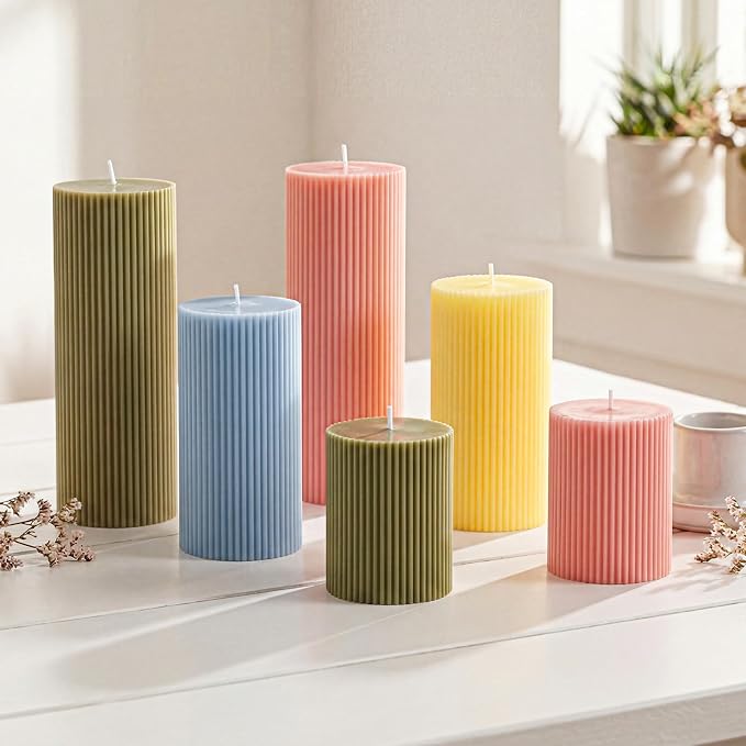 Lyrow 6 Pcs Ribbed Pillar Home Decorative Candles Aesthetic Modern Home Decor Soy Wax Unscented Pillar Candles Width 3" High 4" 6" 8" for Bathroom Living Room Wedding Dinner Party(Pastel Color)