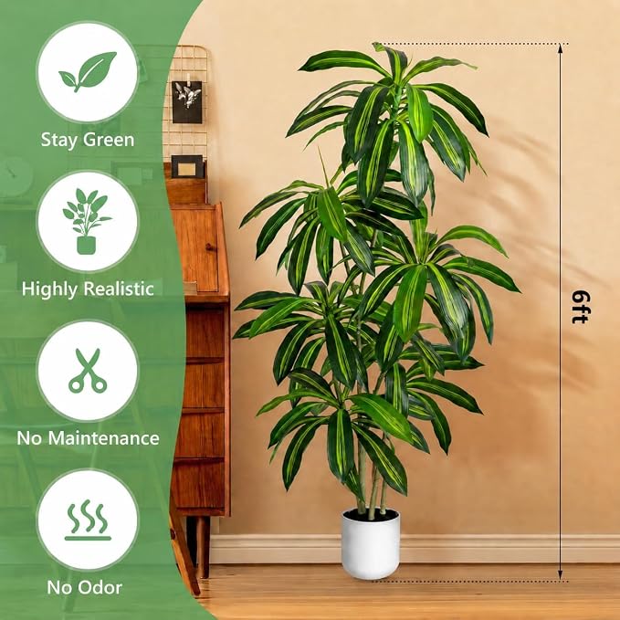 Artificial Dracaena Tree 6FT – Tall Artificial Indoor Tree, Large Indoor Plant for Living Room & Home Decor, Big Faux Floor Plant for Bedroom, Office, Apartment, Realistic Tree Decor Indoor