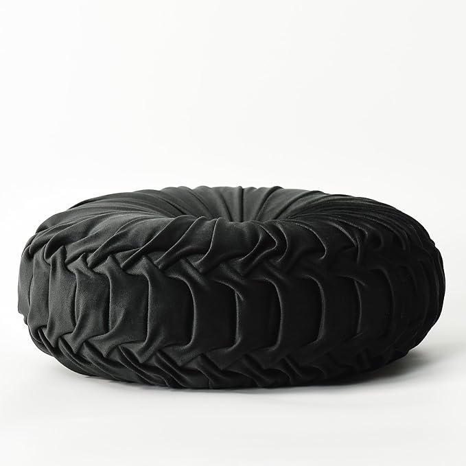 HIG Set of 2 Decorative Round Pleated Throw Pillows, Classy Accent Pumpkin Throw Pillows with Center Button, Vintage Velvet Floor Pillows for Sofa Vanity Chair Bed, Black, 14.5" Diameter(Ripple)