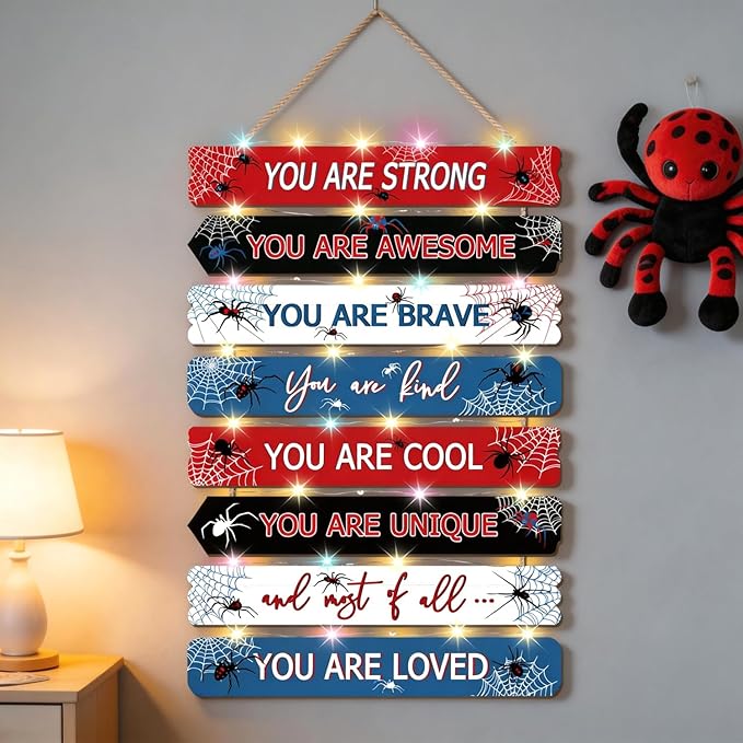 Spider Room Decor with LED Lights Bedroom Boys Room Wall Decor Children Inspirational Motivational Wall Art Wooden Wall Decor Little Boy Kids Room Interior Decor Toddler Room Sign